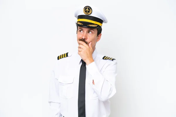 Airplane Caucasian Pilot Isolated White Background Having Doubts Confuse Face — Stock Photo, Image