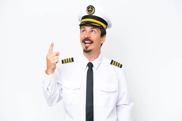 Airplane Caucasian Pilot Isolated White Background Pointing Surprised — Stock fotografie