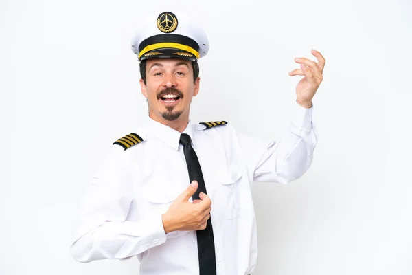 Airplane Caucasian Pilot Isolated White Background Making Guitar Gesture — Stock fotografie
