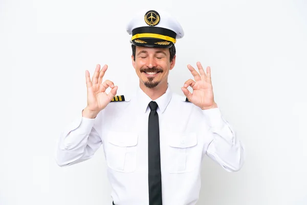 Airplane Caucasian Pilot Isolated White Background Zen Pose — Stock fotografie
