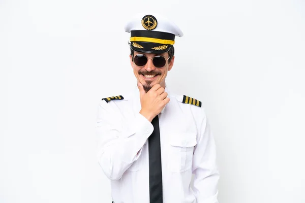 Samolot Biały Pilot Izolowany Białym Tle Okularami Uśmiechem — Zdjęcie stockowe