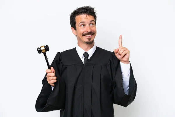 Young Judge Caucasian Man Isolated White Background Pointing Great Idea — Stock Photo, Image