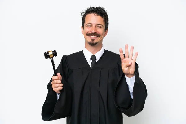 판사는 배경에 고립된 행복해 하면서 손가락으로 있었다 — 스톡 사진