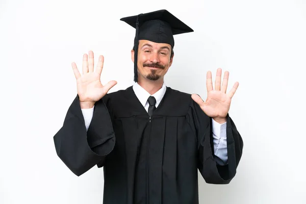 Jonge Afgestudeerde Man Geïsoleerd Witte Achtergrond Tellen Tien Met Vingers — Stockfoto