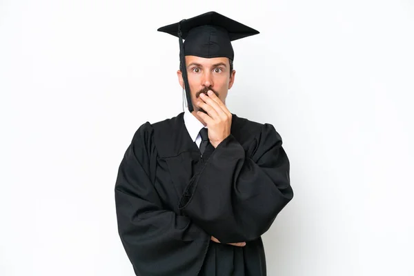 Jovem Universitário Graduado Homem Isolado Fundo Branco Surpreso Chocado Olhar — Fotografia de Stock