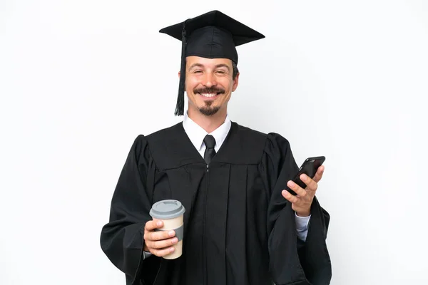 Young University Graduate Man Isolated White Background Holding Coffee Take — Stok fotoğraf