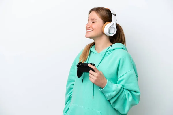 Junge Kaukasische Frau Spielt Mit Einem Videospielcontroller Isoliert Auf Weißem — Stockfoto