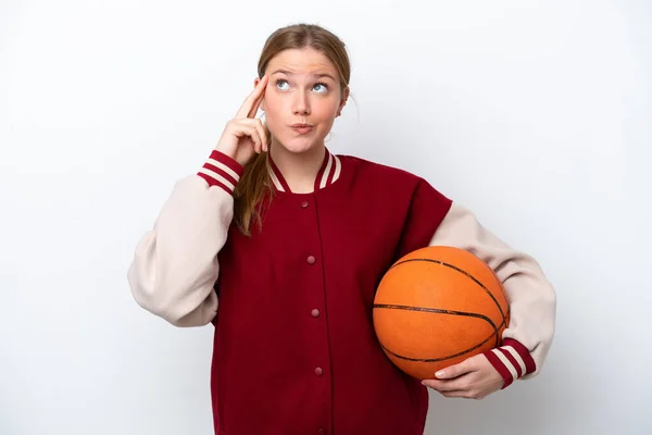 Young Basketball Player Woman Isolated White Background Having Doubts Thinking — Stok fotoğraf