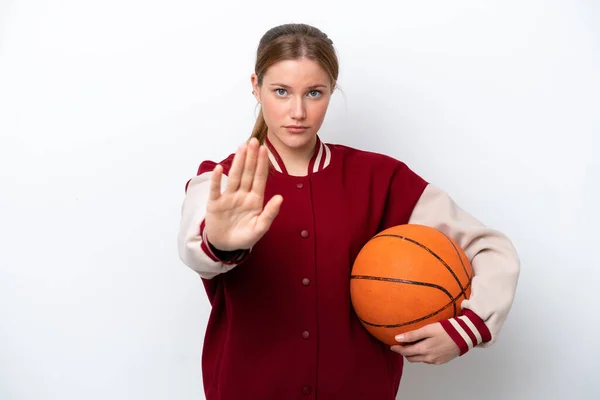 Giovane Giocatore Basket Donna Isolato Sfondo Bianco Facendo Gesto Stop — Foto Stock