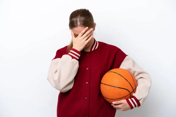 Young Basketball Player Woman Isolated White Background Tired Sick Expression — Fotografia de Stock
