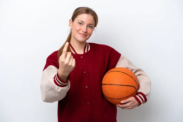 若いですバスケットボール選手女性隔離上のホワイトバックグランド行います来るジェスチャー — ストック写真