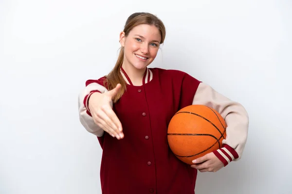 若いですバスケットボール選手女性孤立しました上の白い背景揺れ手のために閉じますA良い取引 — ストック写真