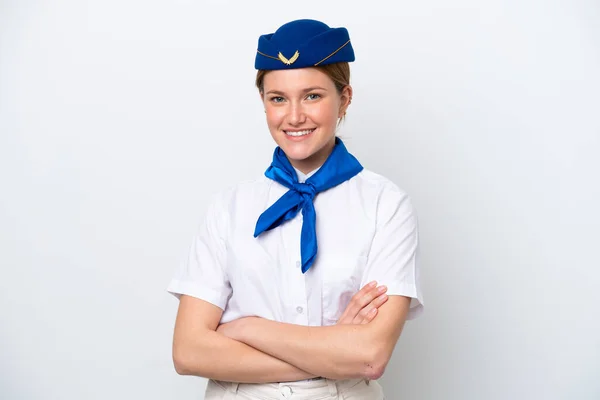 Stewardess Des Flugzeugs Isoliert Auf Weißem Hintergrund Die Arme Frontaler — Stockfoto