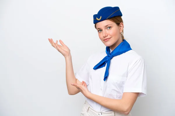 Azafata Avión Mujer Aislada Sobre Fondo Blanco Extendiendo Las Manos —  Fotos de Stock