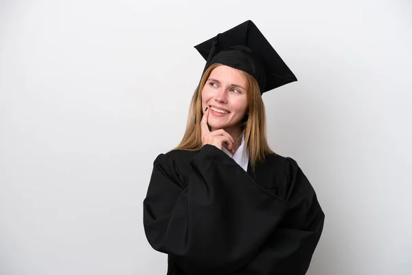 Jong Universiteit Afgestudeerd Engels Vrouw Geïsoleerd Witte Achtergrond Denken Een — Stockfoto