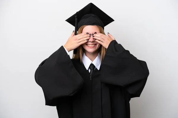 Młody Uniwersytet Absolwent Angielski Kobieta Odizolowany Białym Tle Obejmujące Oczy — Zdjęcie stockowe