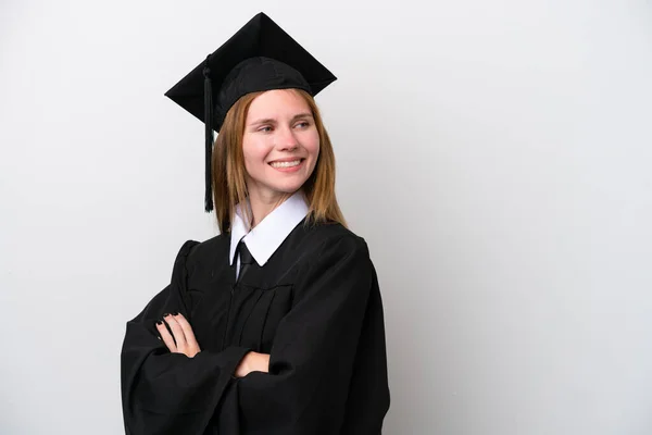 若い大学院生英語の女性は腕が交差し 幸せな白い背景に隔離されました — ストック写真