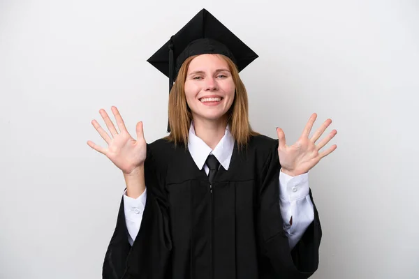Jonge Universiteit Afgestudeerd Engels Vrouw Geïsoleerd Witte Achtergrond Tellen Tien — Stockfoto