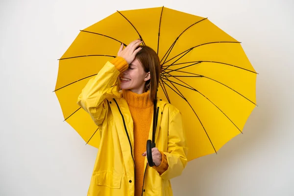 Jeune Femme Anglaise Avec Manteau Imperméable Parapluie Isolé Sur Fond — Photo