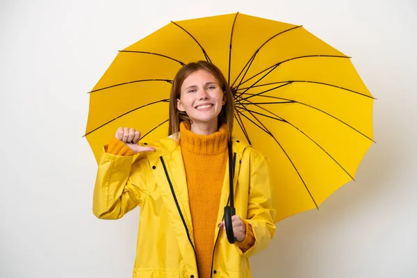 Joven Mujer Inglesa Con Abrigo Impermeable Paraguas Aislado Sobre Fondo — Foto de Stock