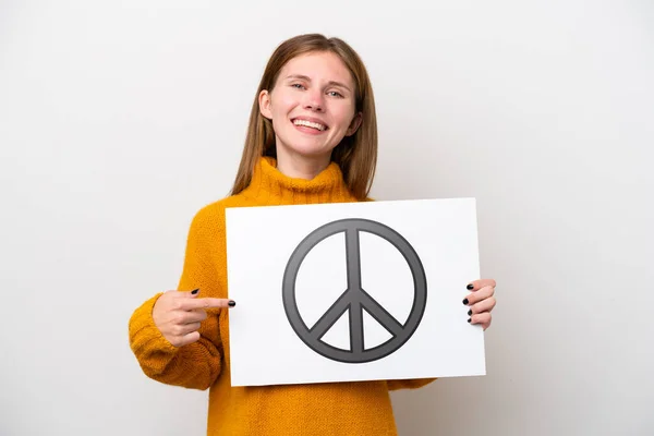 Young English Woman Isolated White Background Holding Placard Peace Symbol —  Fotos de Stock