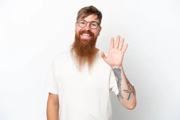 Redhead Man Long Beard Isolated White Background Saluting Hand Happy — Stock Photo, Image