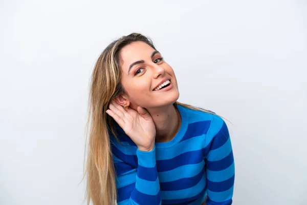 Young Caucasian Woman Isolated White Background Listening Something Putting Hand — Stock Photo, Image