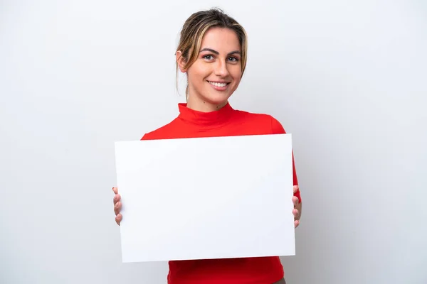 Young Caucasian Woman Isolated White Background Holding Empty Placard Happy — Stock Photo, Image