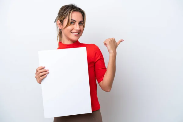 Young Caucasian Woman Isolated White Background Holding Empty Placard Pointing — Stock Photo, Image