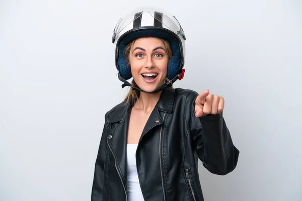 Young Caucasian Woman Motorcycle Helmet Isolated White Background Surprised Pointing — ストック写真
