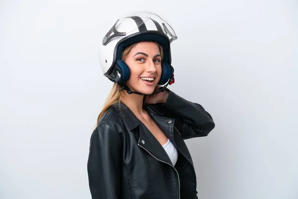 Jonge Kaukasische Vrouw Met Een Motorfiets Helm Geïsoleerd Witte Achtergrond — Stockfoto