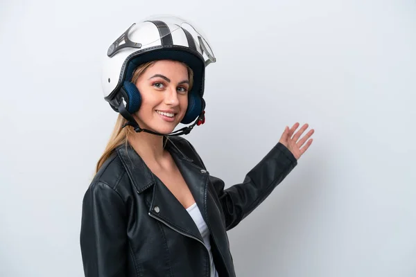 Young Caucasian Woman Motorcycle Helmet Isolated White Background Extending Hands — ストック写真