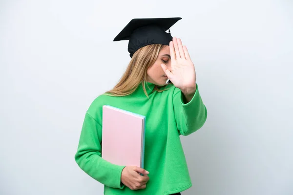 Jovem Universitária Graduada Mulher Isolada Fundo Branco Fazendo Parar Gesto — Fotografia de Stock