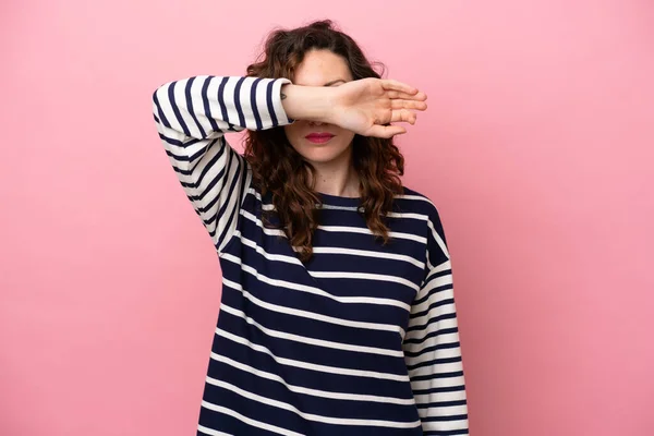Young Caucasian Woman Isolated Pink Background Covering Eyes Hands — Stock Photo, Image