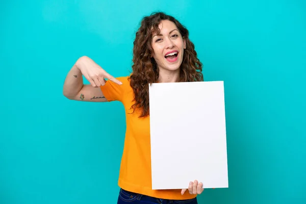 Young Caucasian Woman Isolated Blue Background Holding Empty Placard Happy — Stock Photo, Image