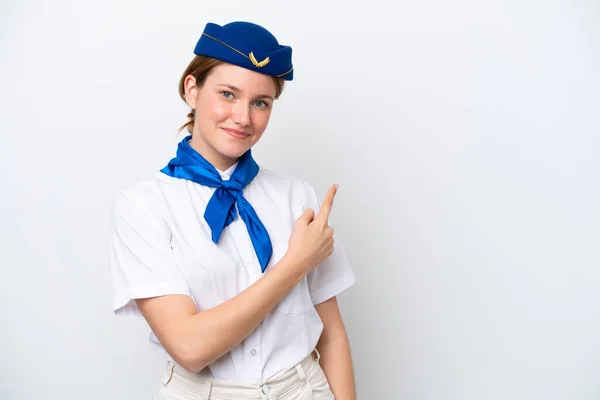 Airplane Stewardess Woman Isolated White Background Pointing Side Present Product — Stock Photo, Image