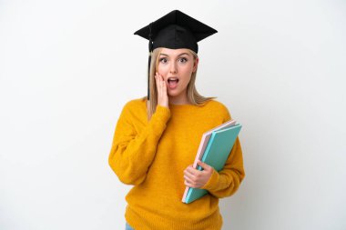 Beyaz arka planda, şaşırmış ve şok olmuş bir yüz ifadesi olan beyaz tenli genç bir kadın.