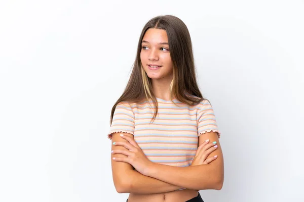 Pequena Menina Caucasiana Isolado Fundo Branco Olhando Para Lado — Fotografia de Stock