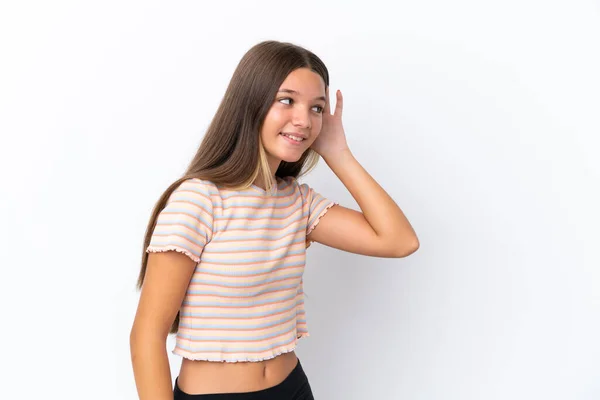 Little Caucasian Girl Isolated White Background Listening Something Putting Hand — Stock Photo, Image