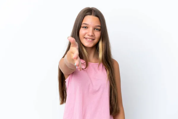 Little Caucasian Girl Isolated White Background Shaking Hands Closing Good — Stock Photo, Image