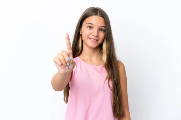 Pequeña Chica Caucásica Aislada Sobre Fondo Blanco Mostrando Levantando Dedo —  Fotos de Stock