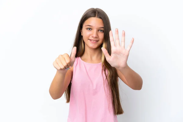 Pequeña Chica Caucásica Aislada Sobre Fondo Blanco Contando Seis Con —  Fotos de Stock