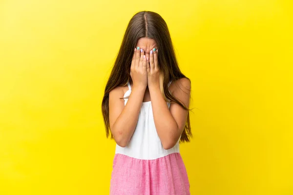 Little Caucasian Girl Isolated Yellow Background Tired Sick Expression — Stock Fotó