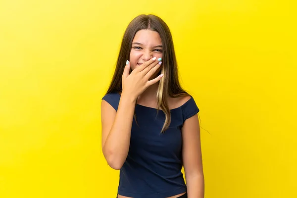 Little Caucasian Girl Isolated Yellow Background Happy Smiling Covering Mouth — Stock Fotó