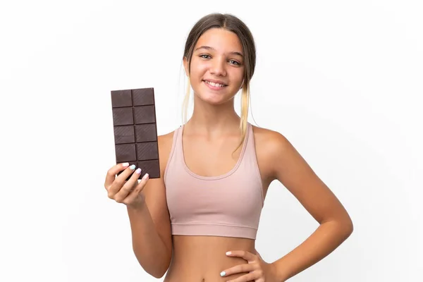 Malá Kavkazská Dívka Izolované Bílém Pozadí Čokoládovou Tabletu Šťastný — Stock fotografie