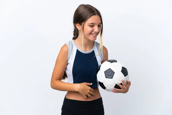 Klein Blank Meisje Spelen Voetbal Geïsoleerd Witte Achtergrond Glimlachen Veel — Stockfoto