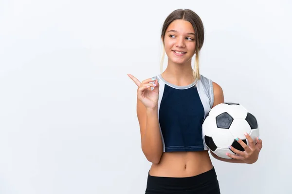 Little Caucasian Girl Playing Football Isolated White Background Intending Realizes — Stock Photo, Image