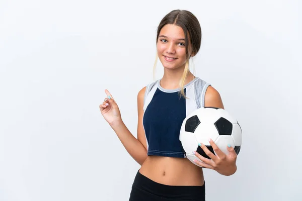 Little Caucasian Girl Playing Football Isolated White Background Pointing Back — Stock Photo, Image