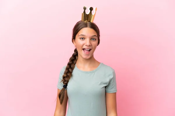 Little Caucasian Princess Girl Isolated Pink Background Surprise Facial Expression — Stock Photo, Image