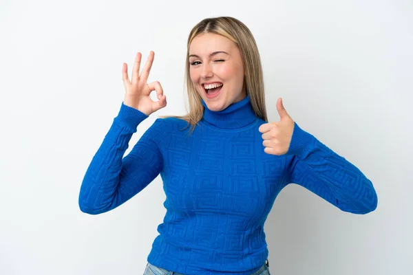 Young Caucasian Woman Isolated White Background Showing Sign Thumb Gesture — Stock Photo, Image
